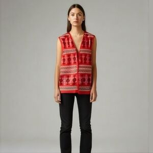 VINTAGE Fair Isle Red Winter Chunky Knit Open Front Sleeveless Vest Size Large